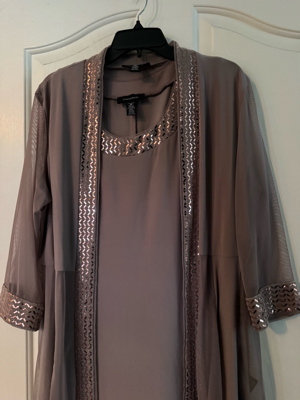 R&M Richards Taupe Dress with Chevron Sequin Trim. Jacket included.